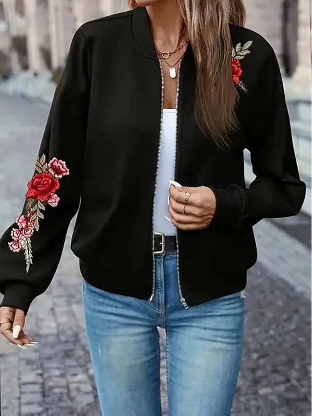 Women's Bomber Jacket Warm Quick Dry Zipper Pocket Elegant Fashion Daily Simple Floral Vacation Casual Daily Holiday Short Baseball Collar Regular Fit Long Sleeve Outerwear Pink Red Fall3