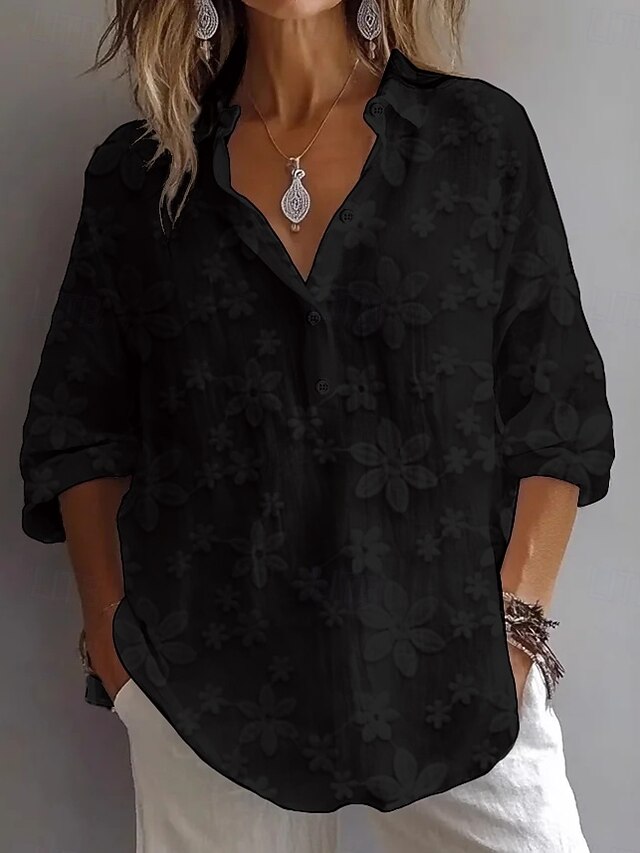 Women's Blouse Plain Casual 3/4 Length Sleeve V Neck Regular Tops Embroidered Buttons Black White Spring Fall3