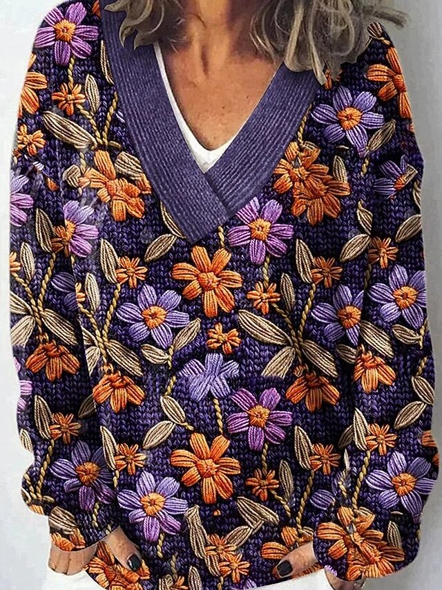 Women's Sweater Fashion Floral Graphic Ribbed V Neck Knitted Long Sleeve Regular Tops Knit Holiday Going out Weekend Purple Winter4