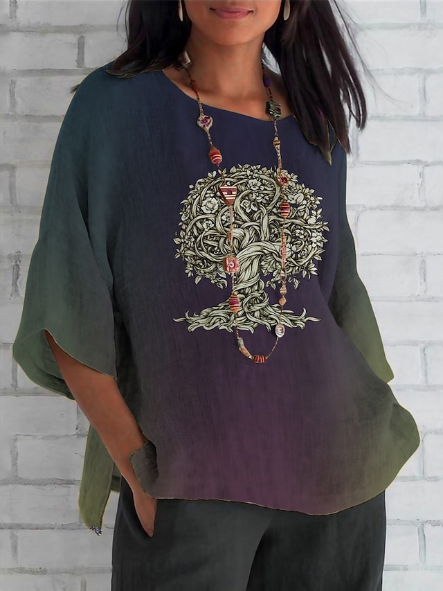  Women's Shirt Tree Color Gradient Daily Casual 3/4 Length Sleeve Crew Neck Regular Tops Daily Holiday Print White Purple Green Khaki Summer Spring Fall