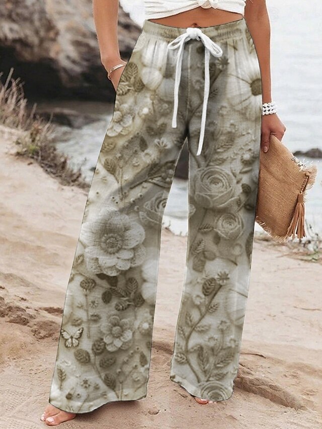 Women's Wide Leg Pants Trousers Vacation Casual Long High Waist Floral Feather Elastic Waist Printing High Cut Breathability Soft Micro-elastic Vacation Street Daily Wear White Green Spring Fall4