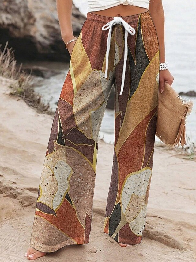 Women's Wide Leg Pants Trousers Vacation Casual Long High Waist Color Block Elastic Waist Printing High Cut Breathability Soft Micro-elastic Vacation Street Daily Wear Khaki Spring Fall Regular Fit4