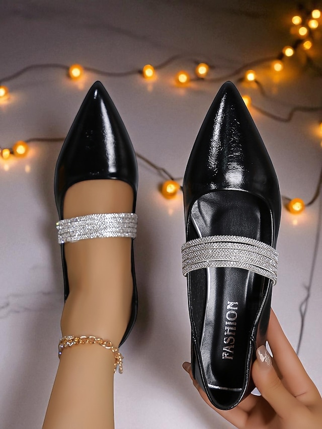  Ballerines à bout pointu en cuir verni noir pour femmes - élégantes chaussures à enfiler avec bride en strass pour les soirées formelles et haut de gamme