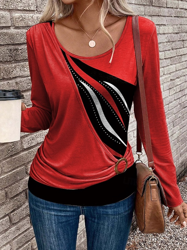  Damskie Podkoszulek Graficzny Geometryczny Abstrakcja Moda Elegancki Codzienny Długi rękaw Półgolf Zwykłe topy Codzienny Niejednolita całość Nadruk Asymetryczny/a Rumiany róż Czerwony Niebieski