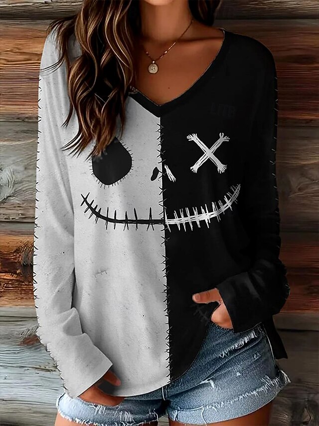 Halloween Women's T shirt Monster Graphic Skull Pumpkin Vintage Stylish Casual Long Sleeve V Neck Regular Tops Daily Weekend Print Black Spring Fall Winter4
