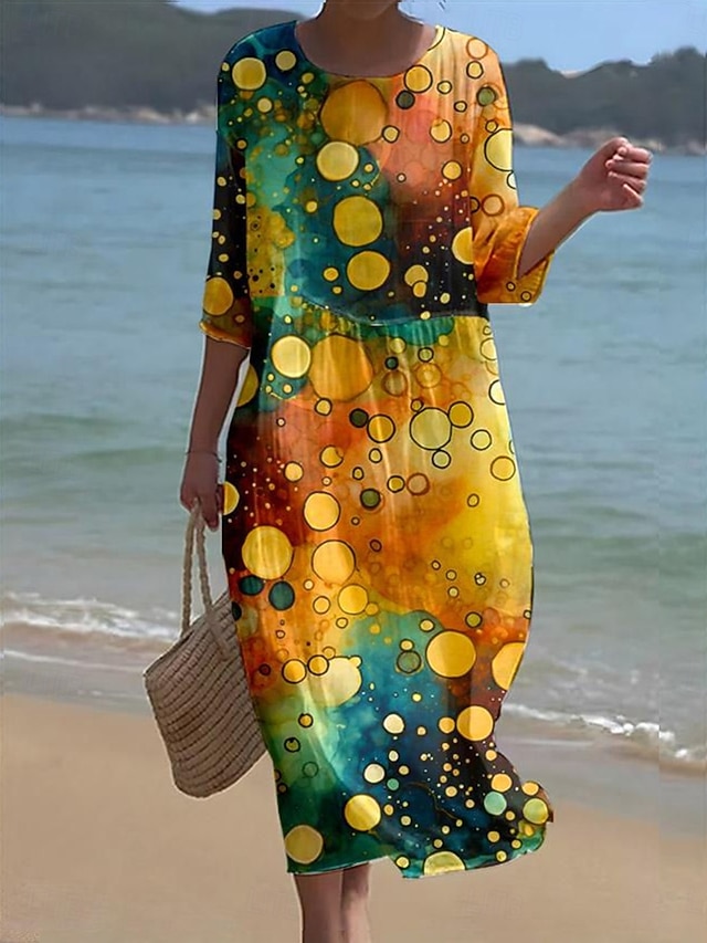  Damen Maxi Kleid Kaftan 3/4 Länge Ärmel Rundhalsausschnitt Lässiges Shift Kleid A-Linie Kleid Kleid Boho Alltag Urlaub Date Reguläre Passform Grafisch Geometrisch Abstrakt Gelb Blau Grün Frühling