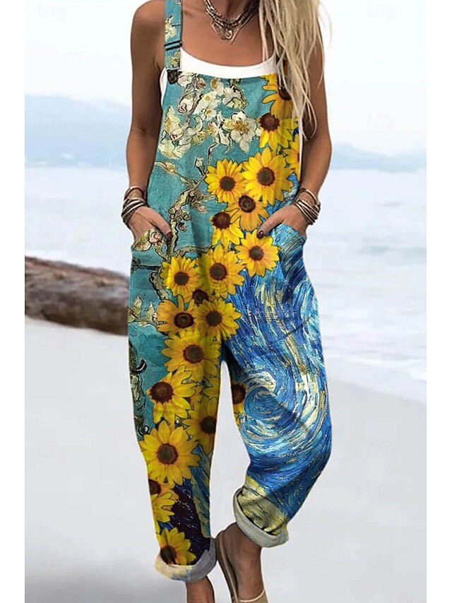 Women's Dungarees Active Floral Sleeveless Sleeveless Straight Square Neck Pocket with Pocket Vacation Daily Loose Fit Red Blue Green Summer4