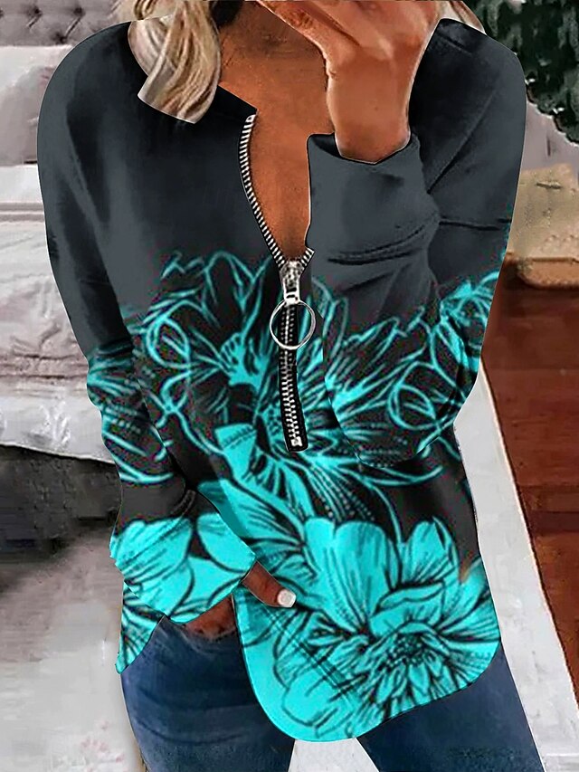 Women's Pullover Sweatshirt Zip Up Sweatshirts Floral Graphic Fashion Casual Long Sleeve Crew Neck Regular Tops Street Dailywear Zipper Print Blue Fall Winter4