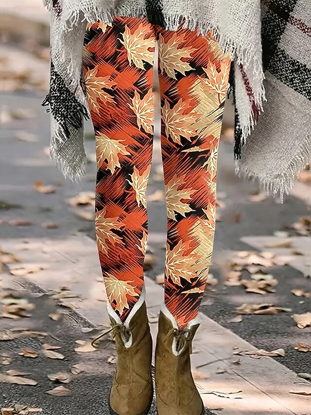 Women's Pants Trousers Leggings Cozy Leggings Streetwear Casual Full Length High Waist Leaf Elastic Waist Print Breathability Comfortable Stretchy Vacation Street Daily Wear Orange Summer Spring Fall4