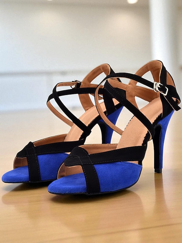  Chaussures de danse latine pour femmes en daim bleu et noir avec brides croisées, bout ouvert, talon haut - Chaussures de performance de salon professionnelles pour les compétitions et l'entraînement