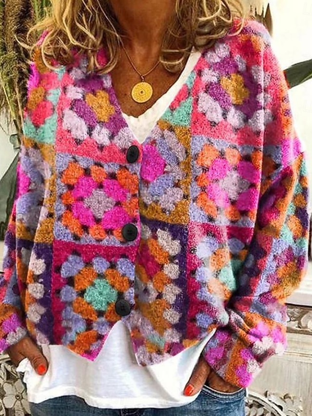  Pull cardigan pour femmes en tricot avec boutons à l'avant col en V manches longues léger élégant mode streetwear graphique floral géométrique patchwork impression avec boutons tricot extérieur