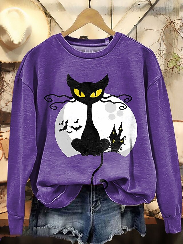 Halloween Women's Pullover Black Cat Graphic Cat Casual Long Sleeve Crew Neck Regular Tops Street Dailywear Casual Print Purple Orange Gray Spring Fall Winter4