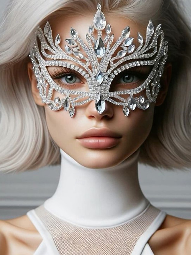  Dámská křišťálová maškarní maska s kamínky - luxusní třpytivá diamantová maska na obličej pro dámy, elegantní kostýmní doplněk na halloweenskou párty, ples a večerní akce