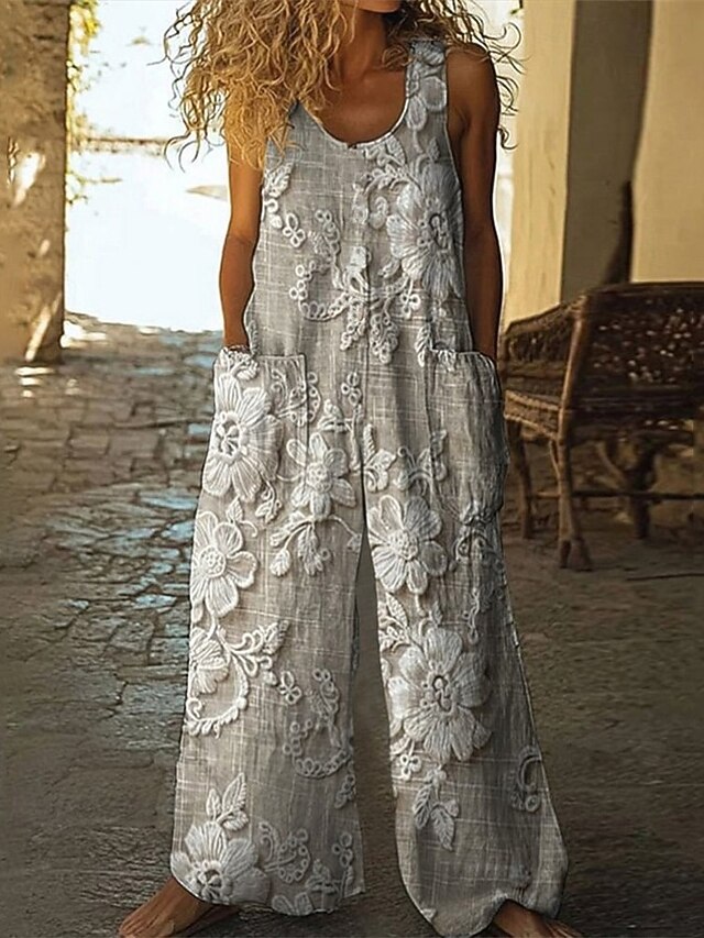 Women's Normal Jumpsuit Casual Floral Sleeveless Wide Leg Round Neck Pocket Buttons Street Daily Regular Fit Gray Summer4