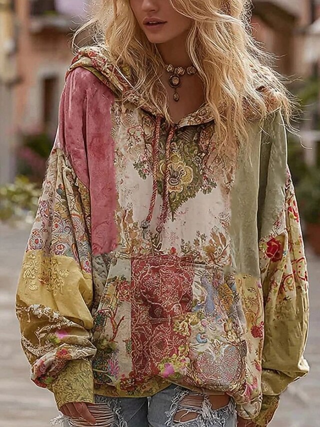 Women's 3D Print Vintage Boho Hoodie Patchwork Hoodie Sweatshirt Floral Pullover Sweatshirt Floral Graphic Casual Long Sleeve Hooded  Street Dailywear Patchwork Front Pocket Pink Fall Winter3