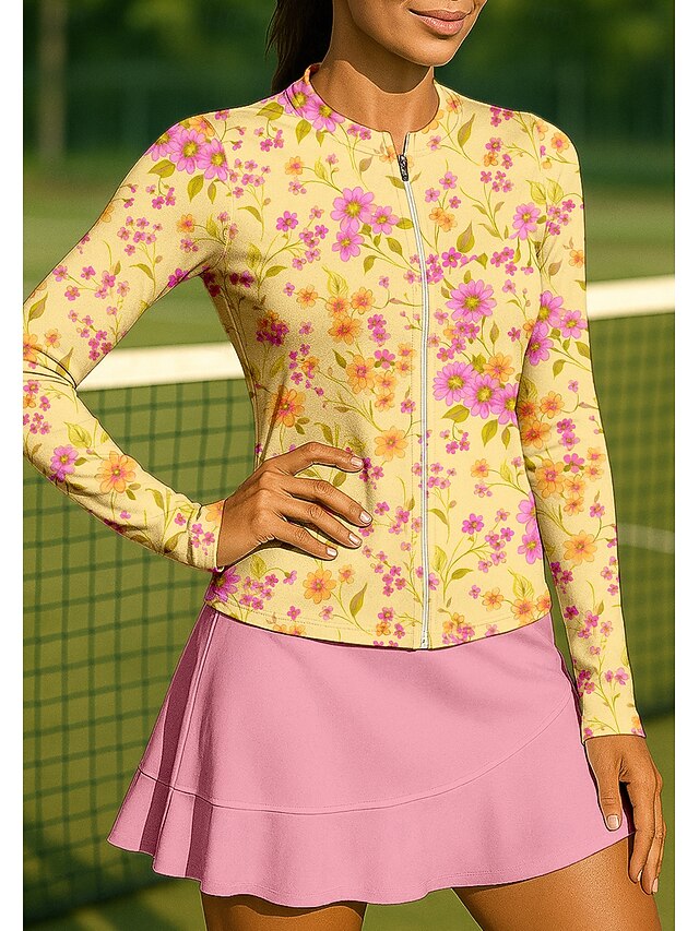 Women's Floral Sport Shirt Tennis Shirt Tennis Top Long Sleeve Zipper Floral UPF50+ UV Resistant High Elasticity Moisture Wicking Breathable Volleyball Tennis Golf Stand Collar Zip Collar Shirt4
