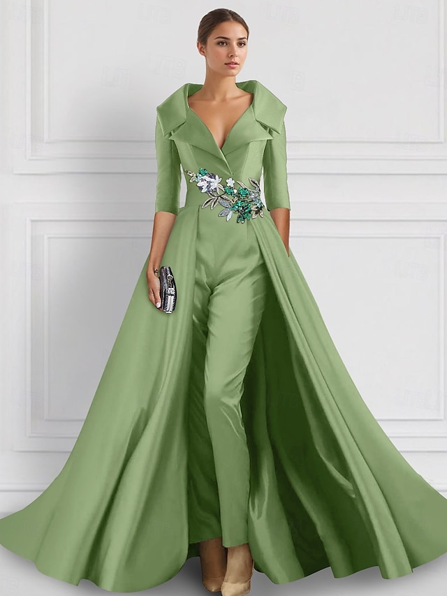  A-linjeformad aftonklänning Elegant overskirt jumpsuit klänning formell bröllop blomster golvlängd halvlång ärm skjortkrage satin med slits broderi applikationer