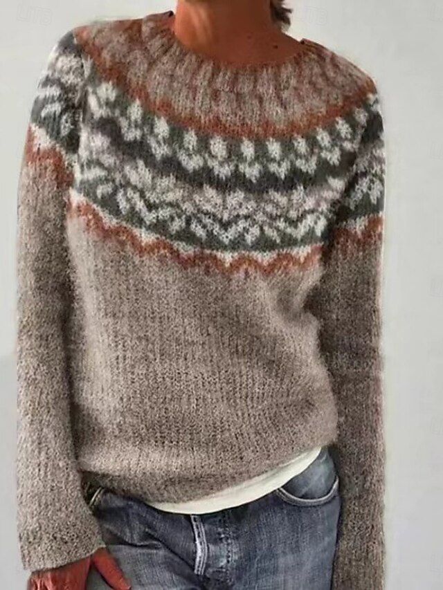  Dame Genser Fritid Myk Geometrisk Riflet Crew-hals Strikket Langermet Vanlige topper Strikke utendørs Daglig Helg Blå Grønn Høst Vinter