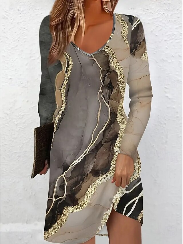 Women's Mini Dress Knit Dress Casual Dress Sundress A Line Dress Stylish Casual Regular Fit Graphic Geometric Abstract Long Sleeve V Neck Brown Spring Fall Winter4