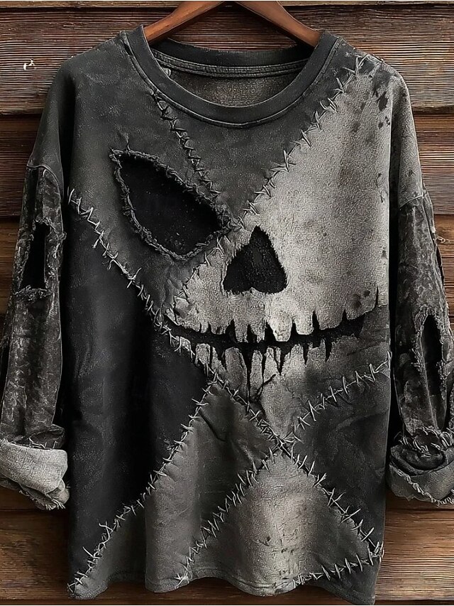 Halloween Women's T shirt Monster Long Sleeve Graphic Skull Vintage Fashion Stylish Long Sleeve Crew Neck Regular Tops Daily Weekend Print Dark Gray Spring Fall Prefall3