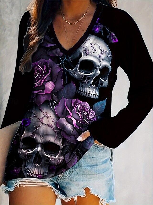 Halloween Women's T Shirt Skulls Floral Graphic Vintage Stylish Classic Long Sleeve V Neck Regular Tops Daily Print Purple Fall Winter4