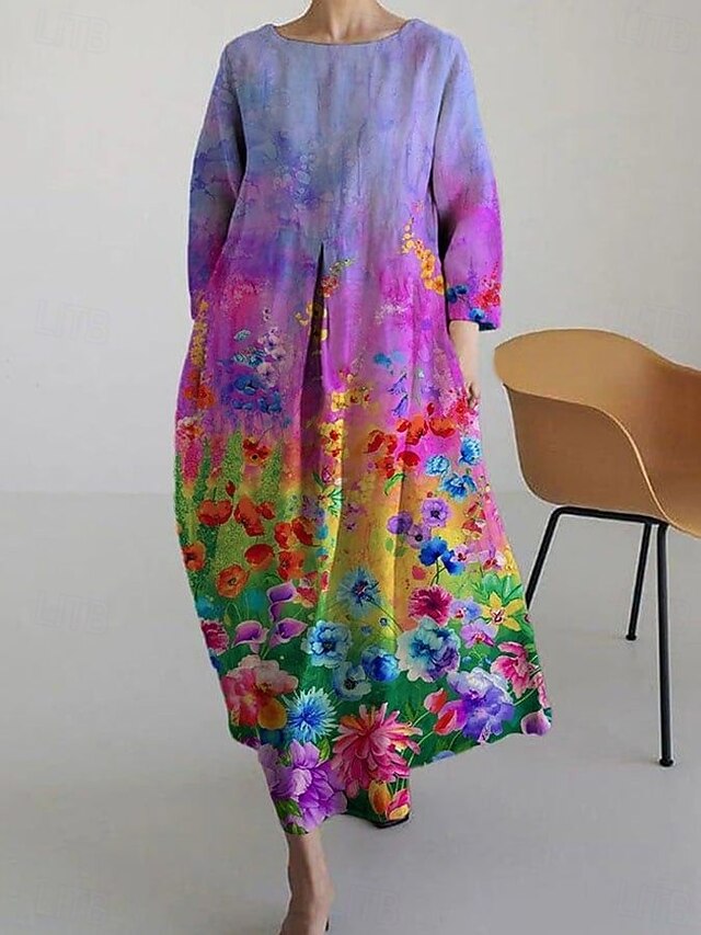 Women's Maxi Dress A Line Dress Fit And Flare Dress Party Birthday Casual Party Office Wedding Guest Loose Fit Floral Graphic Long Sleeve Crew Neck Yellow Red Purple Spring Fall Winter Autumn4