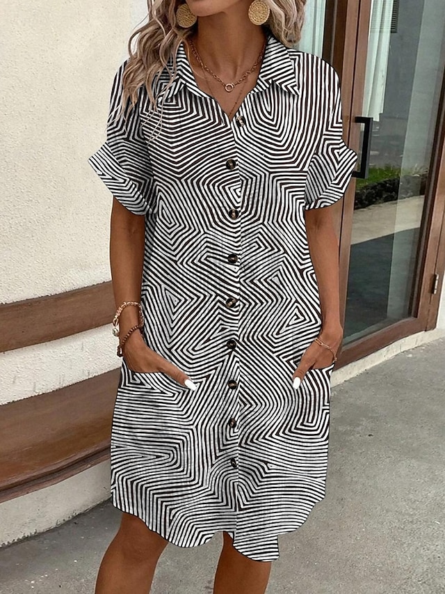 Pentru femei Rochie Mini Rochii Tip Cămașă Rochie casual Rochie imprimata Modă Modern Zilnic Plajă Sfârșit de săptămână Fit regulat Γραμμή Manșon scurt Guler Cămașă Negru Vară Primăvară Toamnă