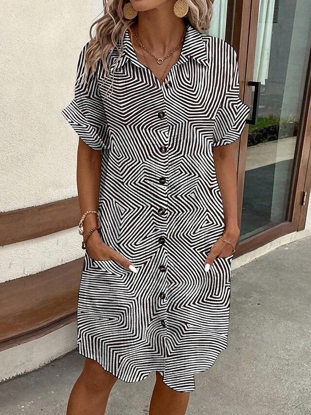 Women's Mini Dress Shirt Dress Casual Dress Print Dress Fashion Modern Daily Beach Weekend Regular Fit Line Short Sleeve Shirt Collar Black Summer Spring Fall Autumn4