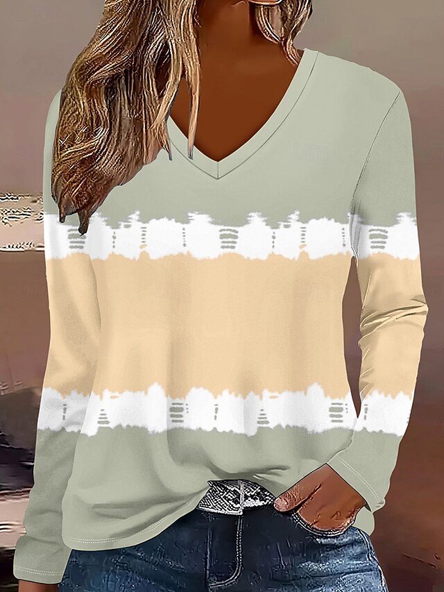 Women's T Shirt Ombre Graphic Striped Vintage Stylish Classic Long Sleeve V Neck Regular Tops Daily Print Light Green Spring Fall Winter4