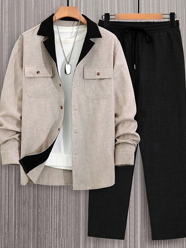 Men's Lightweight Jacket Shirt Jacket Casual Jacket Set Vacation Daily Breathable Pocket 2 Piece Spring Fall Plain Fashion Classic Lapel Regular Khaki Jacket3