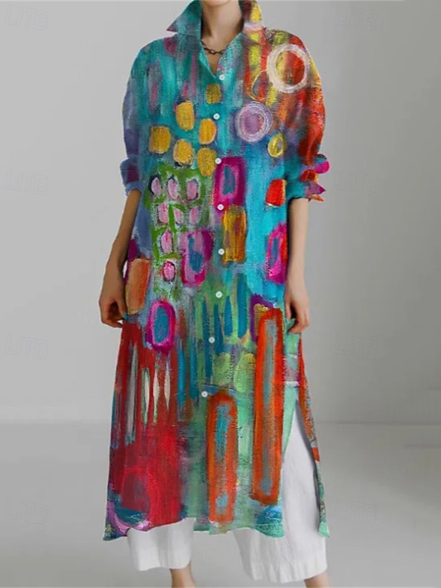 Damen Langes Kleid Maxikleid Hemdblusenkleid Freizeitkleid Druckkleid Mode Modern Täglich Wochenende Normale Passform Grafik Langarm Hemdkragen Schwarz Rosa Rote Blau Frühling Herbst