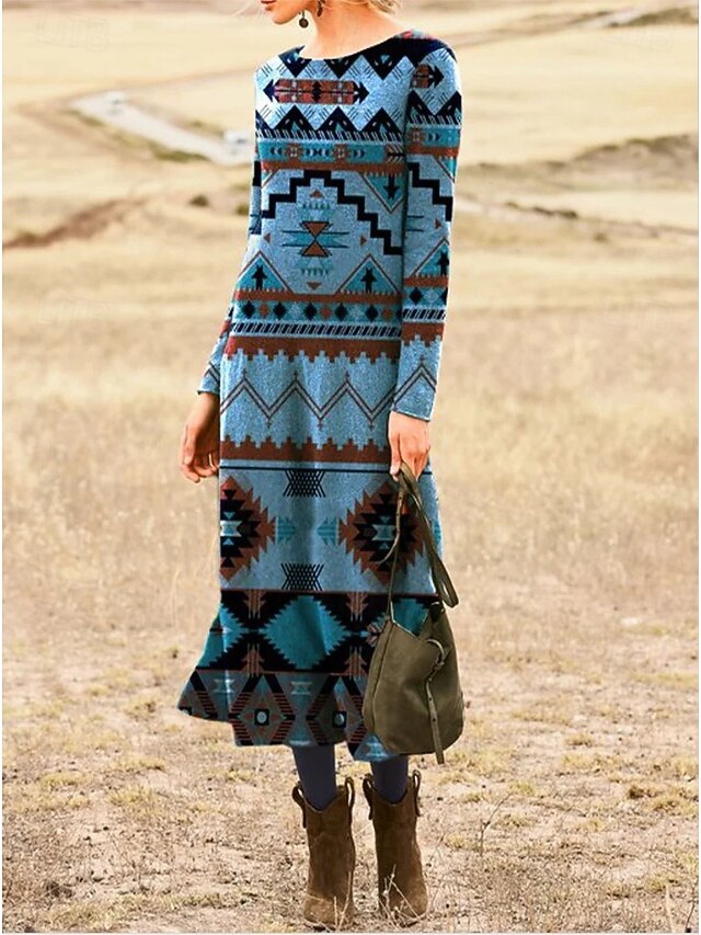 Women's Midi Dress Sheath Dress T Shirt Dress Tee Dress Vacation Casual Boho Daily Holiday Date Regular Fit Graphic Long Sleeve Crew Neck Blue Fall3