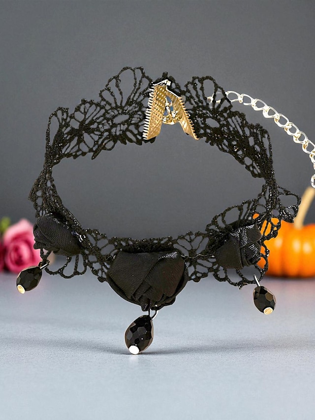  Schwarzes Spitzen-Fußkettchen mit Rosenmotiv und baumelnden Perlen für Damen, Gothic-Fußschmuck für Halloween-Partys