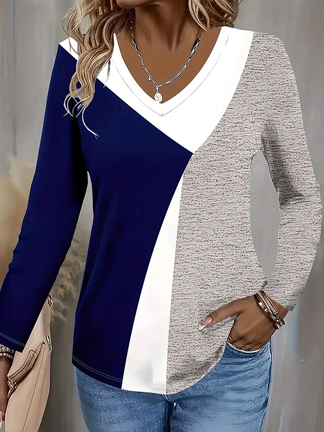 Women's T Shirt Graphic Geometric Color Block Vintage Stylish Classic Long Sleeve V Neck Regular Tops Daily Print Navy Blue Summer Spring Fall4