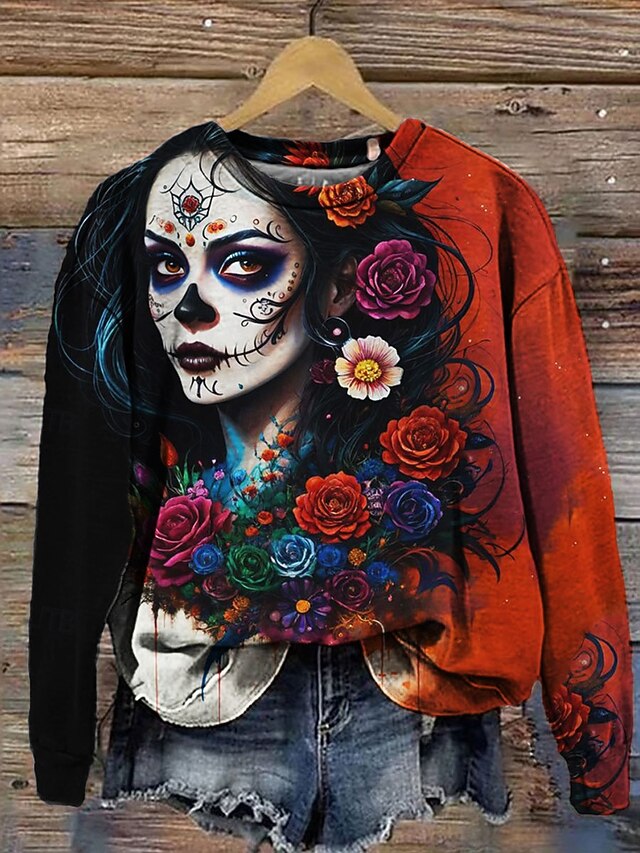 Halloween Women's Pullover Skulls Graphic Casual Long Sleeve Crew Neck Regular Tops Street Dailywear Casual Print Red Orange Fall Winter3