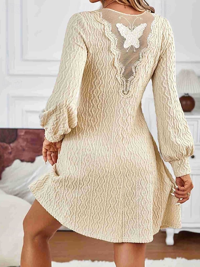 Damen Minikleid Spitzenkleid Freizeitkleid Mode Modern Laternenärmel Outdoor Urlaub Ausgehen Normale Passform Einfach Langarm V Ausschnitt Aprikose Herbst