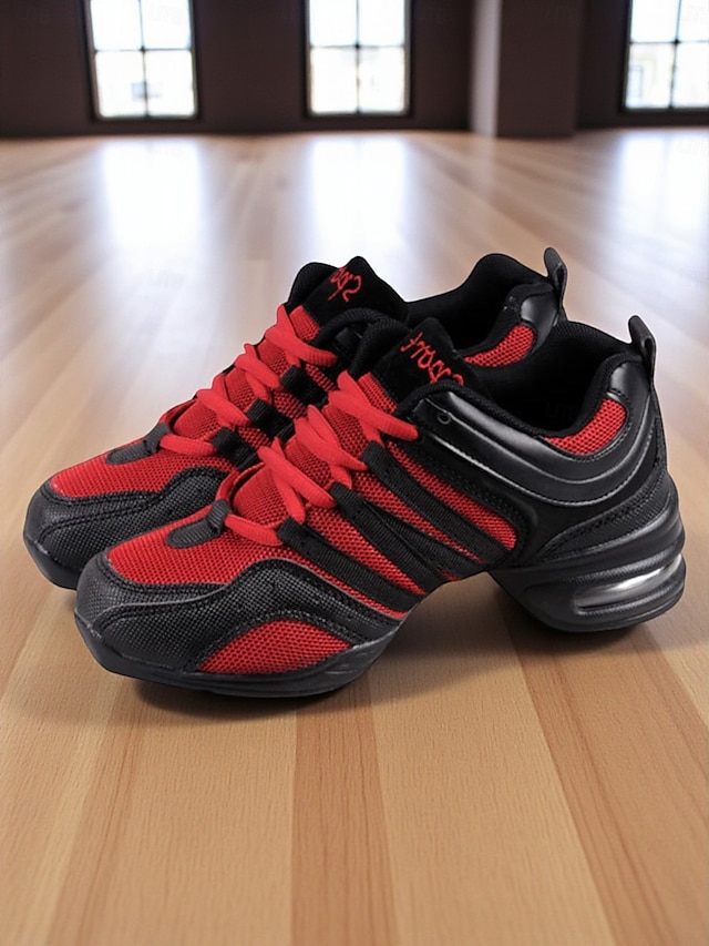  Baskets de danse jazz en maille rouge et noire pour femmes avec semelle fendue, design léger et respirant - chaussures d'entraînement professionnelles pour le hip-hop, la zumba et l'entraînement de