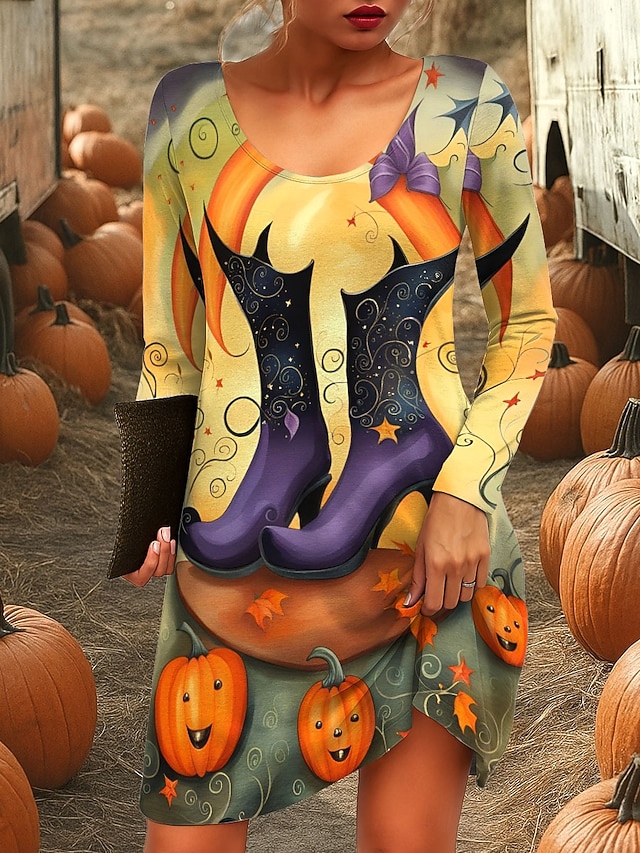  Robe Mini Femme Halloween Col Rond Manches Longues Robe T Shirt Robe Tee Robe A Ligne Robe Décontractée Quotidienne Sortie Coupe Regular Graphique Citrouille Bleu Violet Orange Vert Automne Hiver
