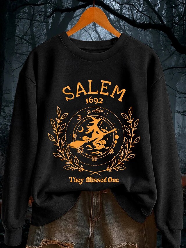 Halloween Women's Pullover Sweatshirt Witch Graphic Letter Fashion Casual Long Sleeve Crew Neck Regular Tops Street Dailywear Casual Print Black Orange Light Grey Fall Winter4
