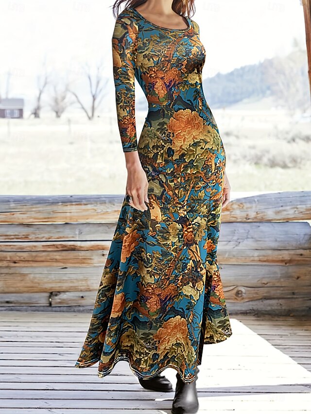 Women's Maxi Dress Sheath Dress A Line Dress Casual Boho Wedding Guest Beach Regular Fit Floral Graphic Long Sleeve Crew Neck Blue Spring Fall Winter4