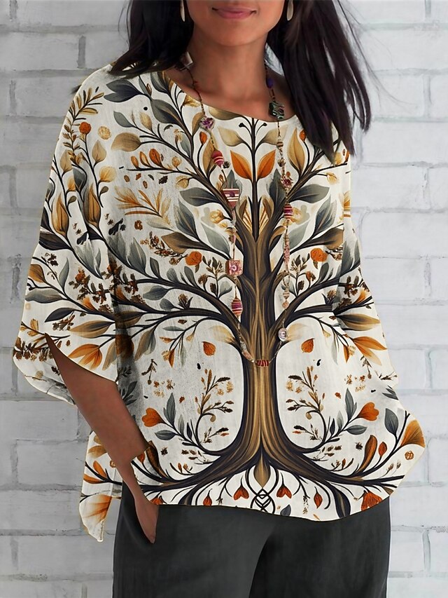 Women's Shirt Tree Daily Casual 3/4 Length Sleeve Crew Neck Regular Tops Daily Holiday Print White Summer Spring Fall4
