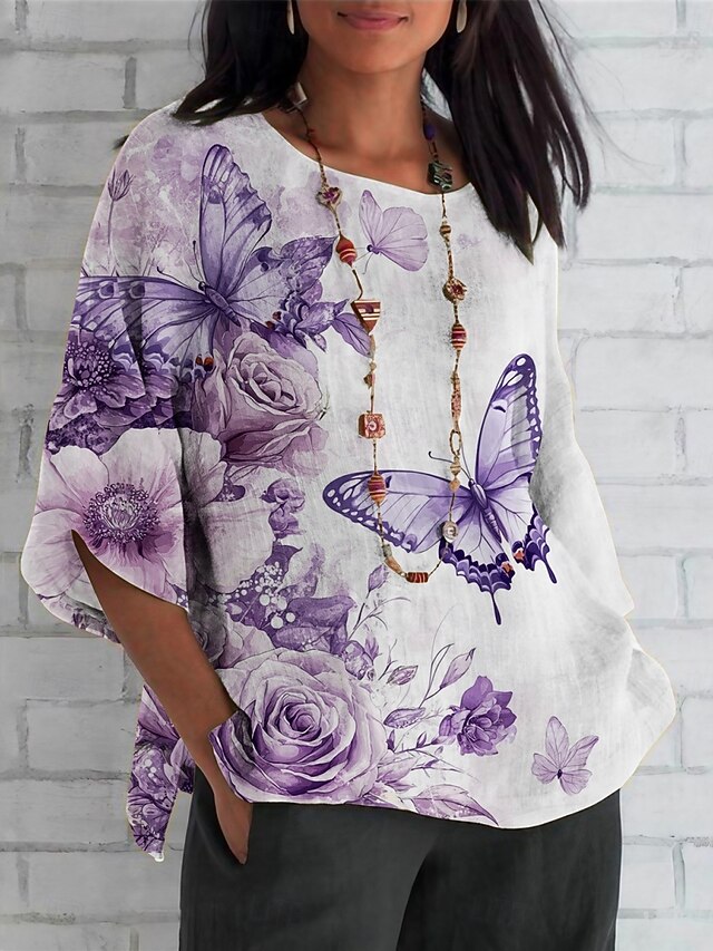 Women's Shirt Floral Butterfly Daily Casual 3/4 Length Sleeve Crew Neck Regular Tops Daily Holiday Print White Purple Summer Spring Fall4