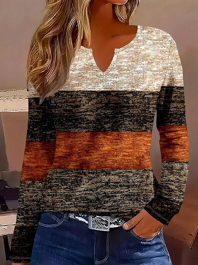 Women's T Shirt Graphic Geometric Striped Vintage Stylish Classic Long Sleeve V Neck Notched Neck Regular Tops Daily Weekend Print Brown Spring Fall Winter4