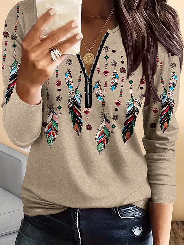 Women's T shirt Long Sleeve Graphic Feather Elegant Vintage Stylish Long Sleeve V Neck Regular Tops Daily Weekend Zipper Print Khaki Spring Fall Prefall4