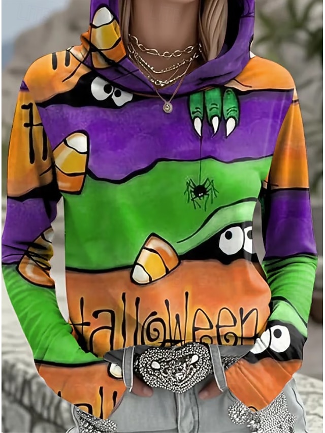  Damen Pullover Hoodie Sweatshirt Monster Grafik Schädel Vintage Mode Western Langarm Kapuze Straßen Alltag Casual Druck Vordertasche Kastanienbraun Schwarz Rot Orange Braun Herbst Winter