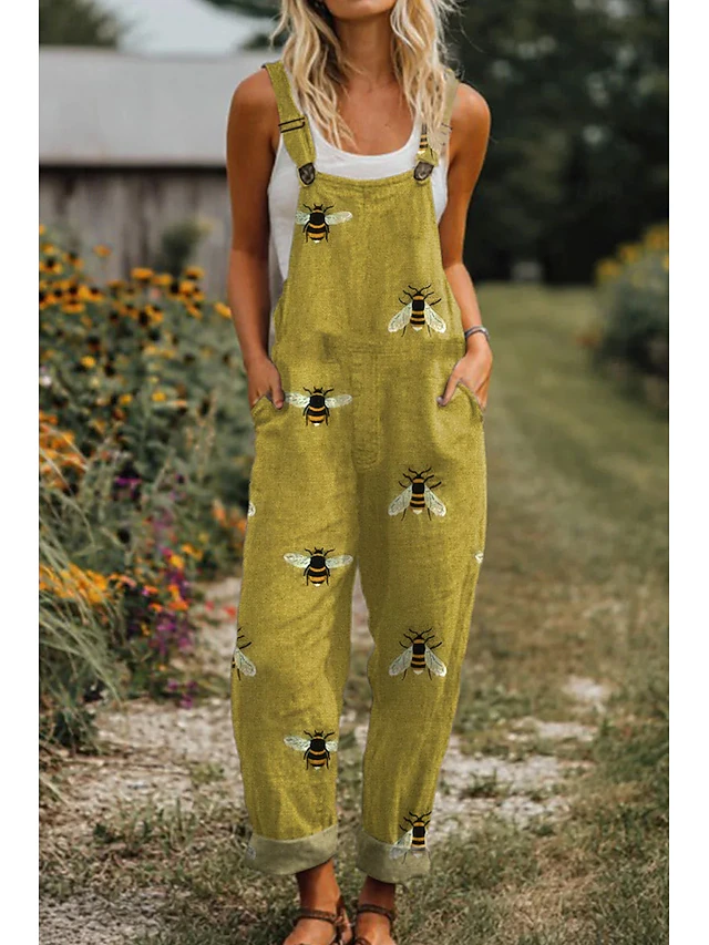 Women's Dungarees Active Graphic Sleeveless Sleeveless Straight Square Neck Pocket Vacation Daily Loose Fit White Blue Green Summer4