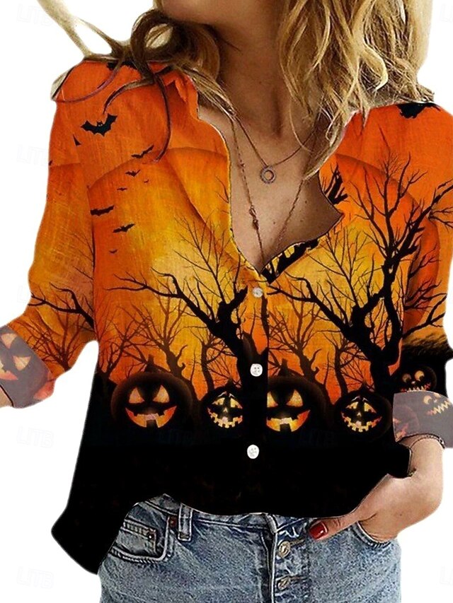 Halloween Women's Shirt Button Down Tunic Shirt Collar Long Sleeve Castle Graphic Pumpkin Witch Elegant Vintage Tropical V Neck Daily Holiday Print Black and gray Black Orange Spring Fall4