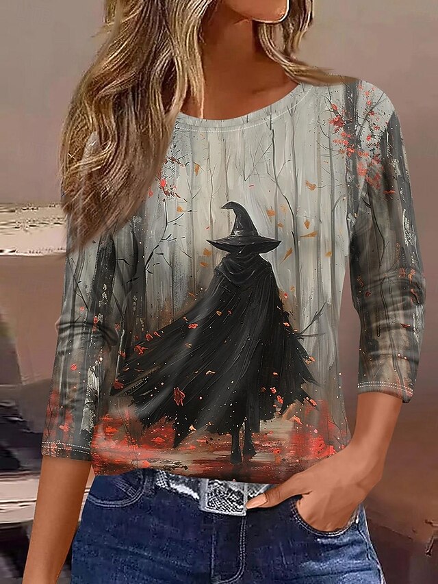 Halloween Women's T shirt Witch Long Sleeve Graphic Vintage Casual Long Sleeve Crew Neck Regular Tops Daily Weekend Print Pink Orange Khaki Spring Fall Prefall4