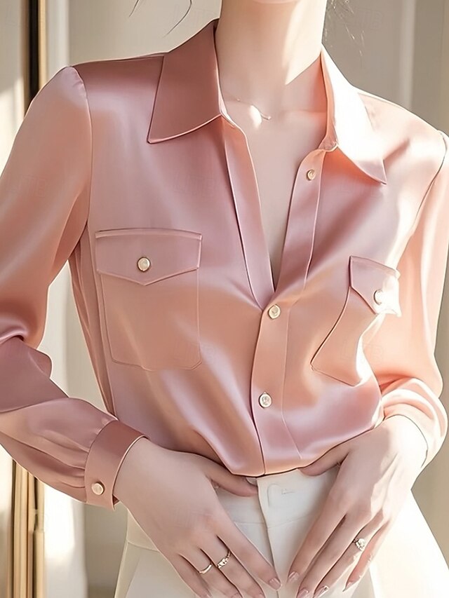 Women's Shirt Blouse Plain Active Stylish Long Sleeve Shirt Collar Regular Tops Work Formal Wear Pocket Buttons Pink Fall4