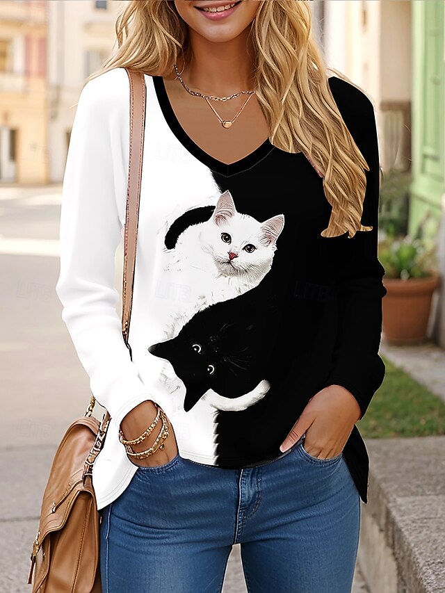Women's T shirt Long Sleeve Graphic Animal Cat Vintage Stylish Classic Long Sleeve V Neck Regular Tops Daily Print Black Spring Fall Prefall4